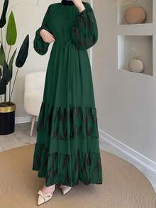 Women's Middle Eastern Inspired Long Sleeve Maxi Dress - Beige And Black Contrast Print With Puff Sleeves & Adjustable Belt, Machine Washable Traditional Outfit For Casual Or Formal Occasions