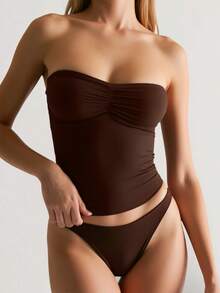 Women Solid Color Pleated Tube Top, Fitted & Stylish - Coffee Brown - View 2