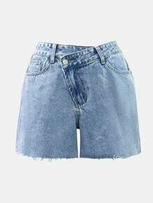 Women Crossover Stretch High Waisted Denim Shorts Curvy Casual Summer - Blue - View 4
