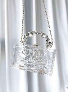 1pc Transparent Box Style Crystal & Metal Chain Strap Evening Clutch Bag, Elegant & Luxury Design For Party, High-End Women's Handbag