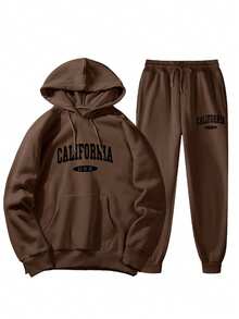 Conjunto mujer deportivo casual sudadera capucha estampado letras corte holgado manga larga otoño invierno uso diario exterior set de dos piezas - Marrón - Ver 4