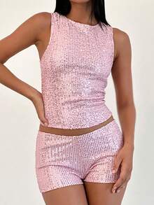 Sequin Tank Top Women Y2k Sleeveless Sparkly Crop Camisole Slim Shiny Glitter Cami Summer Going Out Party Vest Shirts - 粉色 - 查看 2