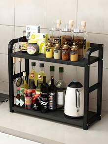 1pc Kitchen Trapezoidal Seasoning Rack, Bowl, Dish, Seasoning Storage, Trapezoidal Seasoning Rack, Thin Tube, Spot Kitchen, Layered Storage Rack, Cabinet, Two-Layer Rack,Teacher's Day, World Cup - Black - View 8