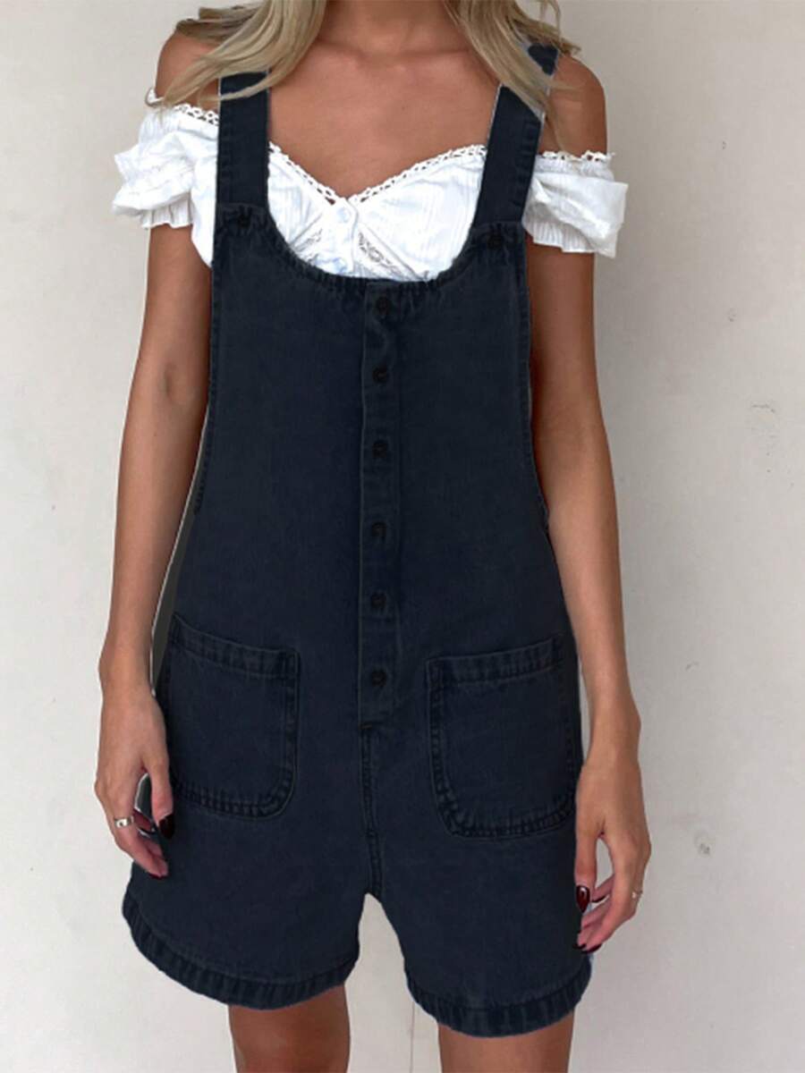 Denim Overall Shorts For Women Casual Summer Adjustable Strap Rompers With Pockets Bib Jeans Shortalls - Black - View 1
