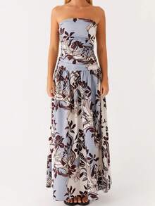 Women's Strapless Tube Top Dress Stylish Floral Print Sleeveless A Line Tube Long Dress For Spring  Summer - Coffee - View 3