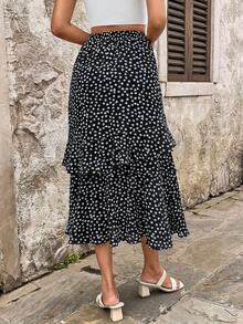 Casual Elegant Ditsy Floral Chiffon Double-Layer Ruffled Hem Split Skirt, Spring/Summer - Black - View 6