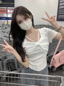 方领短袖蝴蝶结T恤，修身修身上衣 - 白色 - 查看 3