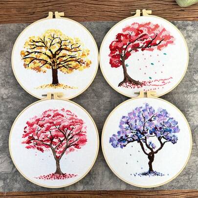 4Pcs Four Seasons Tree Hanging Painting Embroidery Diy Handmade Material Set, Suitable For Home Decoration And Shopping Mall/Party/Home Decoration, Mother's Day/Valentine's Day/Christmas/Wedding/Graduation Season Decoration And Gifts