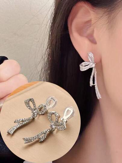 1 Pair Fashionable Rhinestone Bowknot Clip-On Earrings For Women, Elegant Quality Sparkling Earrings Suitable For Daily Wear, Gifts