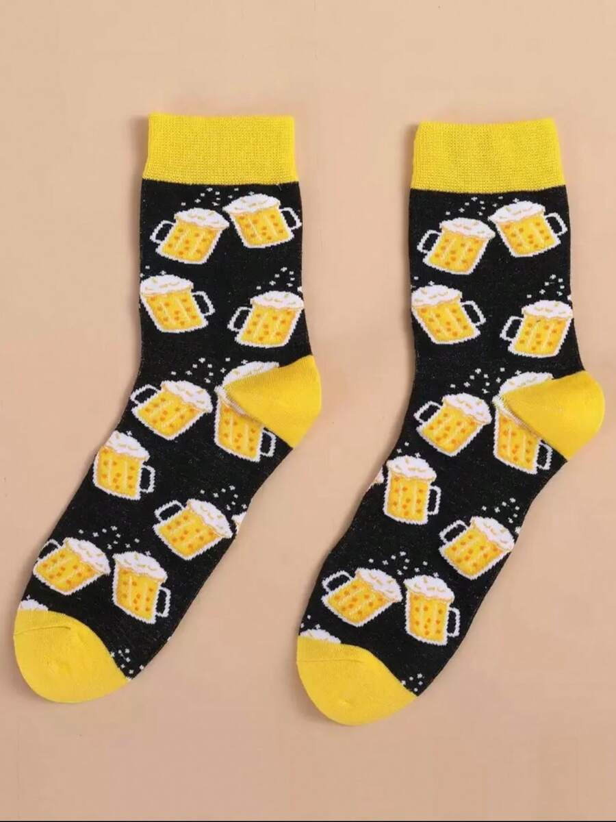 1Pair/2pairsMen Beer Pattern Crew Socks, Fall Socks - Yellow - View 1