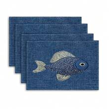 4 Piezas Mantel individual con patrón bordado de peces, antideslizante y sin arrugas de lino, adecuado para restaurante y decoración del hogar, ideal para bodas y aniversarios