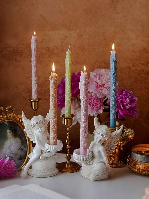 1pc Embossed Long-Pole Wedding Candle With A Bow Candle Stand, Retro Engraved Candle Decoration, French Decoration, Available In Multiple Colors Such As Pink, Blue, White And Green, Wedding Decoration, Home Decoration, Shooting Props, Romantic Candlelight Dinner Decoration, A Gift For Mom
