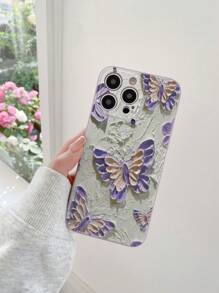 1pc Soft Protective Phone Case With Painting Butterfly Pattern, Suitable Compatible With Apple/Redmi/VIVO/OPPO, Light Purple