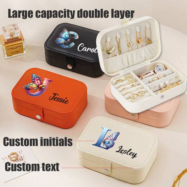 Customizable Personalized Jewelry Box, Dual Layer Large Capacity, Personalized Initial Letter, Portable Jewelry Organizer Box For Rings, Necklaces, Earrings, Simple PU Leather Jewelry Case, Gift For Girlfriend, Mother, Bridesmaid