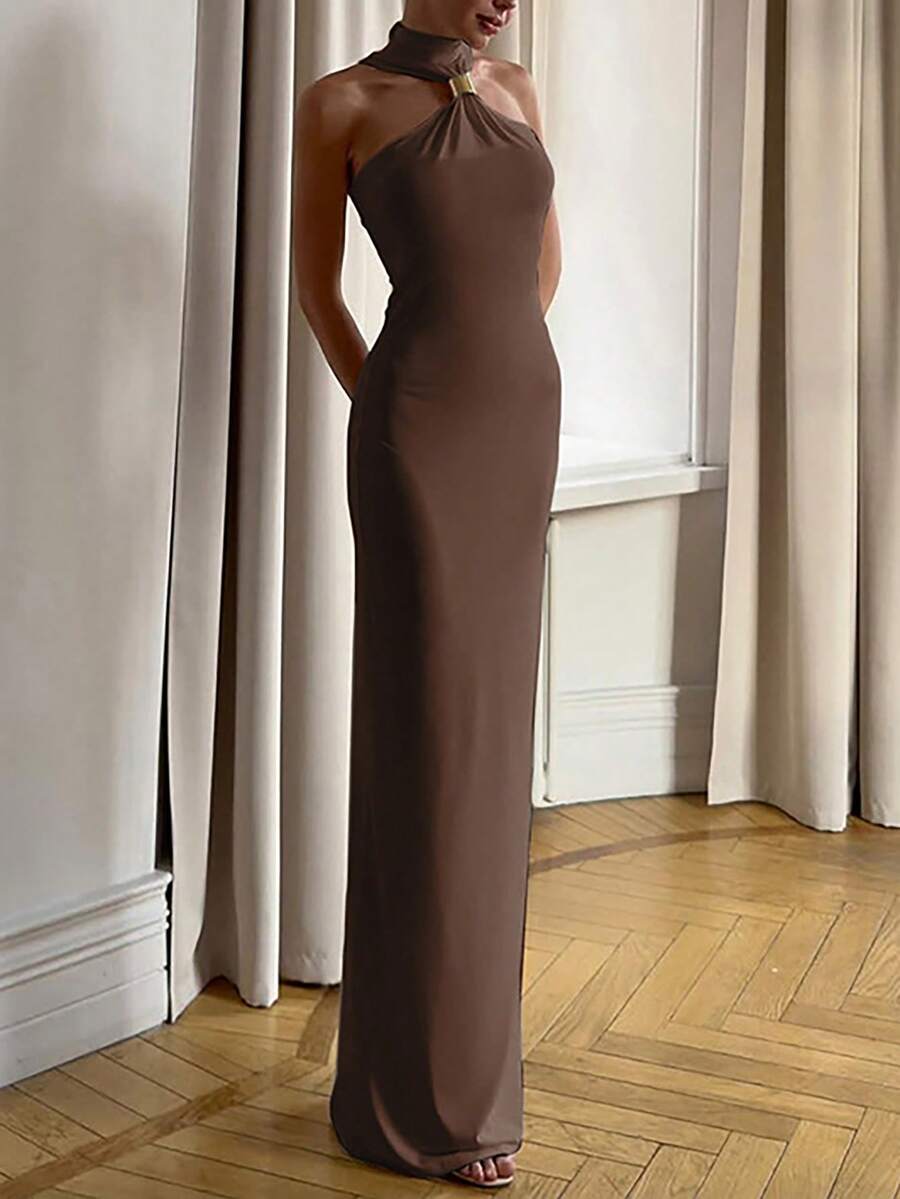 High Neck Sleeveless Fitted Long Party Dress, Spring/Summer - Brown - View 1
