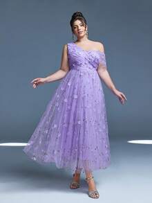 Mgiacy、新品、单肩、浪漫、3D花卉、刺绣、不对称、优雅、伴娘礼服、褶饰、淡紫色、长裙、适合、婚礼嘉宾 - 紫色 - 查看 3