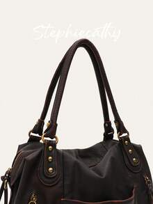 STEPHIECATHY Goth Punk Street Style Tote Women's Vintage Brush-Off Color Soft Washed PU Vegan Leather Rivets Long Strap Crossbody Shoulder Handbag Large Capacity Commuter Bag Fits 13' Laptop Functional Multi Pockets Slouchy Casual Daily Travel Outing College - 咖啡棕 - 查看 6