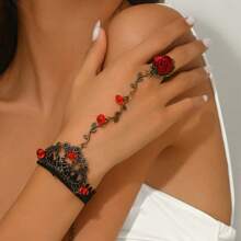 1 pieza Conjunto de anillo y pulsera de mujer con encaje negro vintage y flores rojas con cristales decorados, adecuado para fiestas, festivales y accesorios de disfraz de mascarada