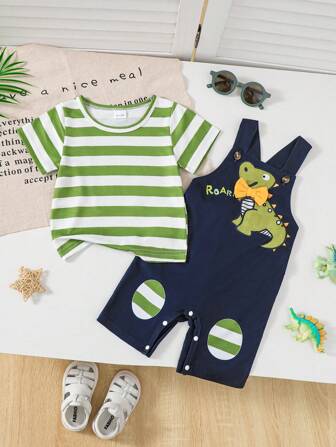 2 件男婴套装：条纹印花圆领短袖 T 恤和恐龙字母印花休闲背带裤，带蝴蝶结装饰，春夏