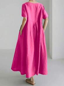 Đầm linen nữ dáng rộng, thanh lịch, đơn giản, thoải mái, tay ngắn, cổ tròn, màu trơn, dáng dài, thoải mái, thích hợp cho mùa hè. - Màu Hồng Tươi - Xem 2