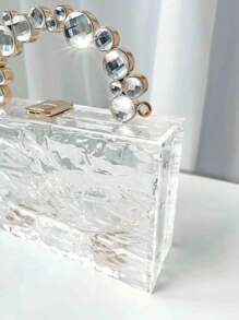 1pc Transparent Box Style Crystal & Metal Chain Strap Evening Clutch Bag, Elegant & Luxury Design For Party, High-End Women's Handbag
