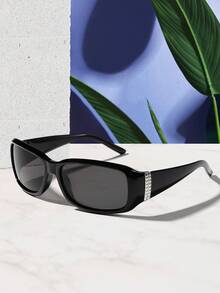 1 件女士街头嘻哈水钻镶嵌矩形时尚黑色眼镜，适合节日出游、节日派对和音乐节 Y2K Fest 音乐节，适合夏季海滩度假、户外、旅行