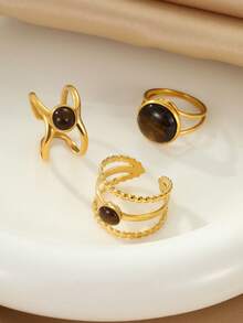 3pcs Stainless Steel Golden Vintage Style Oil Pressure Round Brown Gemstone Ring Set, Suitable For Women Decoration Or Gift - Yellow Gold - View 2
