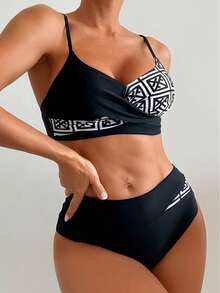 Colorblock Print Bikini Set - Top Has Criss-Cross Bust, With Adjustable Straps; Bottoms Have Contrast Floral And Geometric Print Patchwork, Sexy Cutout Detail. Perfect For Vacation, Beach In Summer - Black - View 6