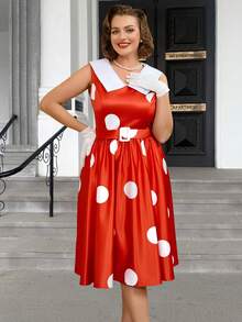 AOMEI Vestido rojo vintage de los años 50 de talla grande, estilo suelto, sin mangas, con cuello Peter Pan y estampado de lunares blancos - Rojo - Ver 4