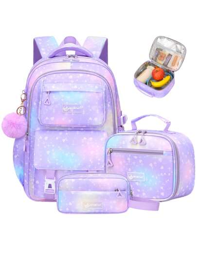 3Pcs/Set Large - Capacity Girls' Backpack With Lunch Bag Pocket And Pencil Case, Gradient - Colored Print Student Backpack. Fits 15.6 - Inch Laptop, Multi - Functional Pockets. Perfect For Outdoor Travel, Back - To - School, School Trips & Daily Use