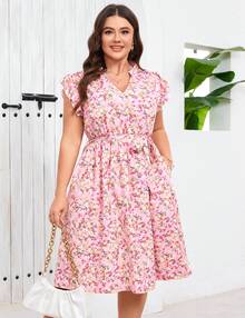 Women's Plus Size Summer Floral Midi Dress V-Neck A-Line Dress Ruffled Cap Sleeves Belt Dresses With Pocketed Casual Outfit - 粉色 - 查看 3