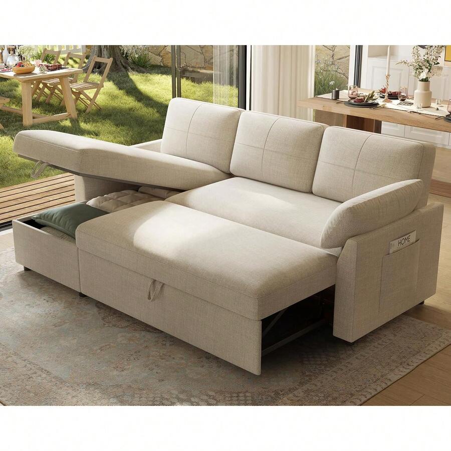 2 In 1 Sleeper Sofa Bed With Pull Out Couch And Storage Chaise, Comfy Living Room Sofa, Functional Sectional Couch Design – Beige Chenille Couch For Living Room, 84in X 59in X 39in - 米色 - 查看 1