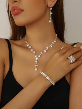 4 件/套优雅水晶莱茵石首饰套装 - 耳环和项链、手镯、戒指 - 适合女性日常佩戴、婚礼、派对等。