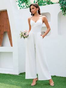 女士婚礼其他服装 V 领吊带百褶修身连体裤