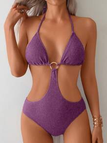 New Solid Color Cutout Sexy Backless One-Piece Swimsuit With High Elasticity Metallic Yarn And Drawstring, For Women