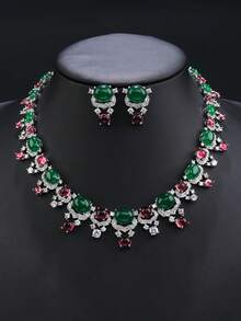 1 套/3 件奢华方晶锆石首饰套装 - 项链和耳环，适合婚礼、派对礼服和特殊场合