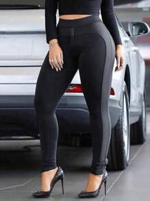 Women's PU Leather Stitching Daily Tights Sports Outdoor Yoga Casual Fashion Trousers, Women's Leggings