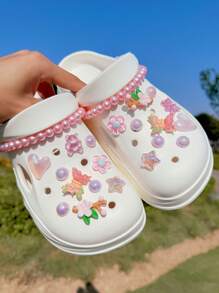 20pcs/Set Cute Pink (Flower, Butterfly, Heart, Crystal Bear, Star) ABS Resin Charm Accessories, Pink Beaded Chain, Fit For Women Sandals, Slippers, Hollow Shoes, Suitable For Festival Party, Perfect Gift