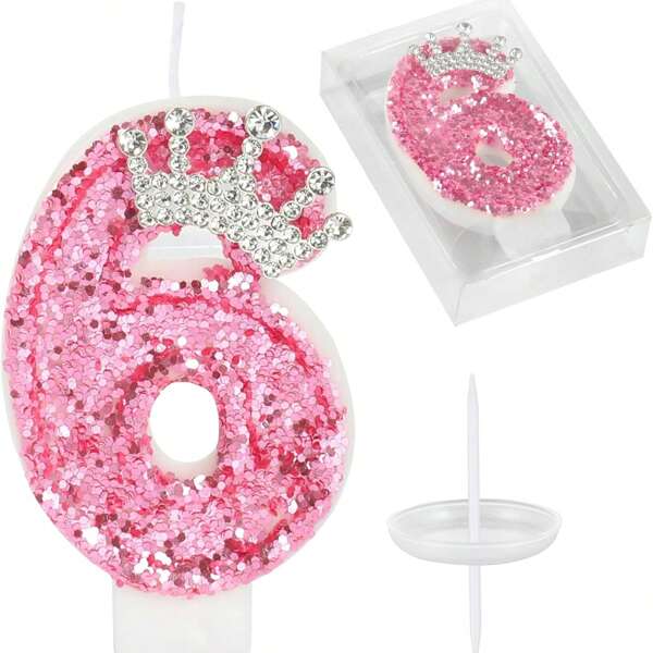 Birthday Number Candles, Pink Crown Birthday Cake Candle, Sparkling Number Cake Candle Decorations With Glitter, Suitable For Girls, Ladies, Anniversary Celebrations