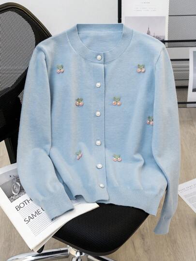 GIGOGOU Autumn Winter Women Embroidered Cherry Floral Sweater Casual Chic Cardigan