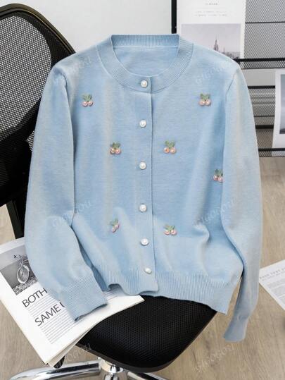 GIGOGOU Cardigan chic à encolure ronde pour femme avec motif de fleurs de cerisier brodées, tenue casual pour l'automne et l'hiver