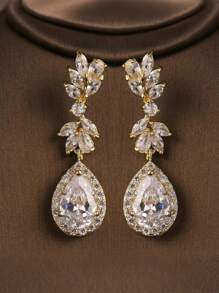 2pcs/Set Fully Rhinestone Embedded Geometric Teardrop Cubic Zirconia Dangle Earrings, Women's Formal Dress Accessories