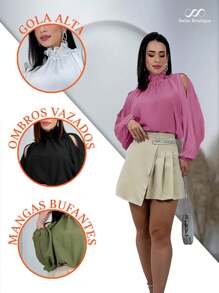 Women's Cropped Blouse Long Sleeve Puffed High Neck Ruffled Mother's Day Launch 2025