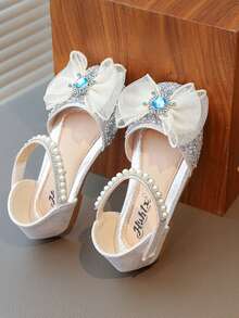 1 双时尚百搭粉色女孩珍珠和水钻蝴蝶结装饰可爱平底凉鞋，圆头，日常，舞蹈，户外穿着，闪光装饰封闭式趾公主鞋，适合春秋季 - 銀色 - 查看 1