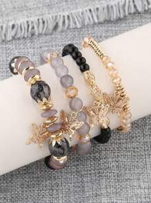 4pcs/Set Bohemian Elegant Delicate Butterfly Charm Beaded Bracelet Set, Suitable For Women's Daily Decoration
