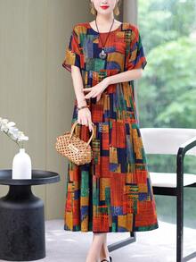 新款时尚夏季休闲印花优雅中长款女装连衣裙