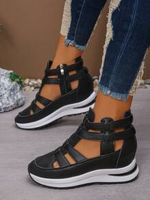 Zapatillas de cuña y plataforma para mujer de otoño/invierno, nuevos zapatos casuales de suela plana y transpirables para damas en verano, sandalias con aumento de altura - Negro - Ver 4