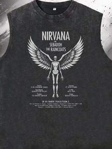 Black Sleeveless T-Shirt With  Band Pattern Men's Round-Neck Tank Tops In Summer Are Suitable For Sports And Outdoor Leisure Activities.