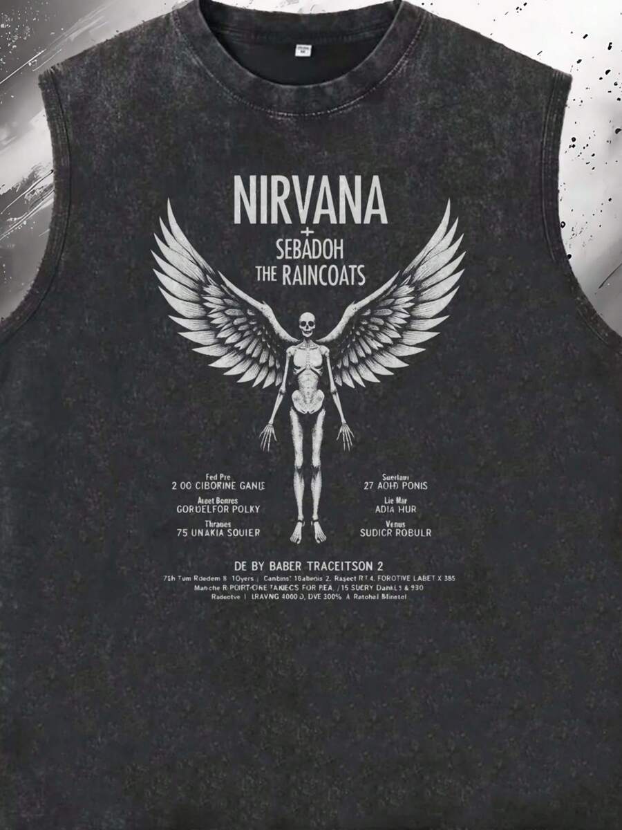 Black Sleeveless T-Shirt With  Band Pattern Men's Round-Neck Tank Tops In Summer Are Suitable For Sports And Outdoor Leisure Activities.