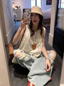 Women's Square Neck Casual Loose Floral Embroidered Tank Top Summer - Apricot - View 3